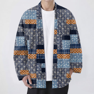 Buddha Stones Cotton Patchwork Geometric Block Pattern Open Front Men's Kimono - Navy - US/UK/AU48，EU58 (4XL) - image 0