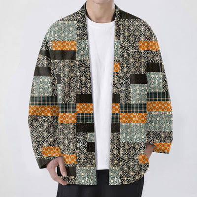 Buddha Stones Cotton Patchwork Geometric Block Pattern Open Front Men's Kimono - Black - US/UK/AU48，EU58 (4XL) - image 6