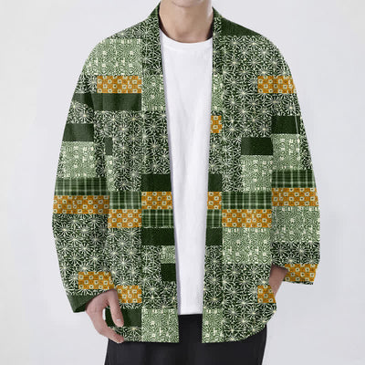 Buddha Stones Cotton Patchwork Geometric Block Pattern Open Front Men's Kimono - ForestGreen - US/UK/AU48，EU58 (4XL) - image 9