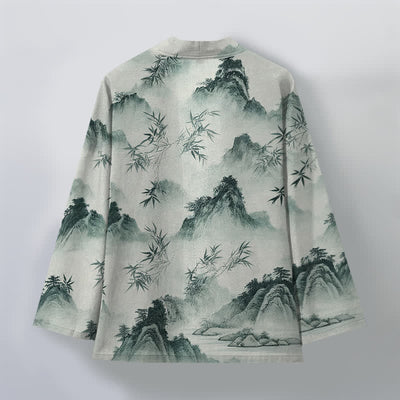 Buddha Stones Cotton Ink Bamboo Mountains Landscape Pattern Open Front Men's Kimono - image 2