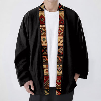 Buddha Stones Cotton Tribal Geometric Trim Pattern Open Front Men's Kimono - Black - US/UK/AU48，EU58 (4XL) - image 0