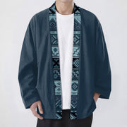 Foviel Cotton Tribal Geometric Trim Pattern Open Front Men's Kimono