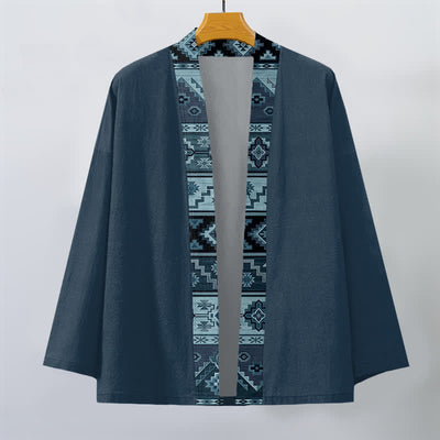 Buddha Stones Cotton Tribal Geometric Trim Pattern Open Front Men's Kimono - image 10