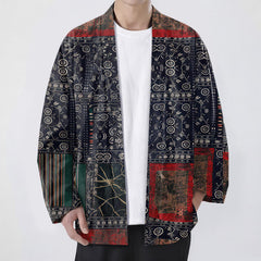 Buddha Stones Cotton Tribal Geometric Patchwork Pattern Open Front Men's Kimono - Navy - US/UK/AU48，EU58 (4XL) - image 0