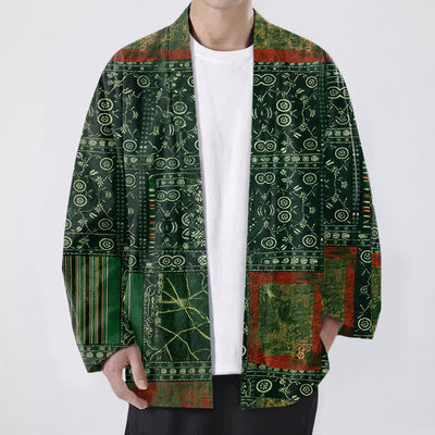 Buddha Stones Cotton Tribal Geometric Patchwork Pattern Open Front Men's Kimono - ForestGreen - US/UK/AU48，EU58 (4XL) - image 6