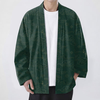 Buddha Stones Cotton Auspicious Clouds Pattern Open Front Men's Kimono - ForestGreen - US/UK/AU48，EU58 (4XL) - image 9