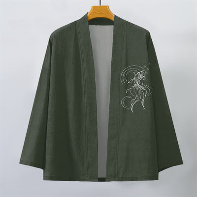 Buddha Stones Cotton White Koi Fish Wave Pattern Open Front Men's Kimono - image 7