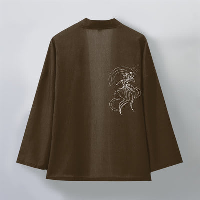 Buddha Stones Cotton White Koi Fish Wave Pattern Open Front Men's Kimono - image 11
