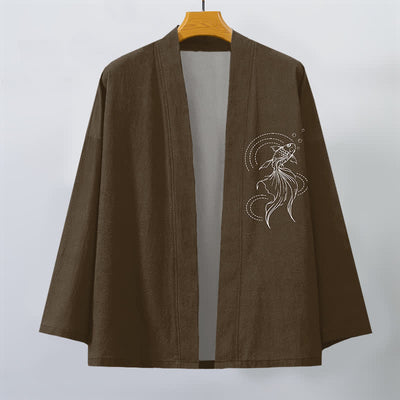 Buddha Stones Cotton White Koi Fish Wave Pattern Open Front Men's Kimono - image 10