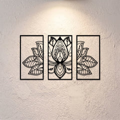Buddha Stones Lotus Enlightenment Triptych Iron Metal Meaningful Symbols Wall Art - image 0