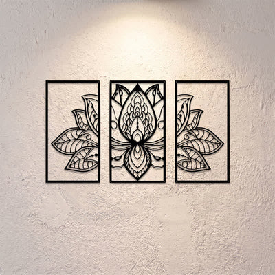 Buddha Stones Lotus Enlightenment Triptych Iron Metal Meaningful Symbols Wall Art - image 0