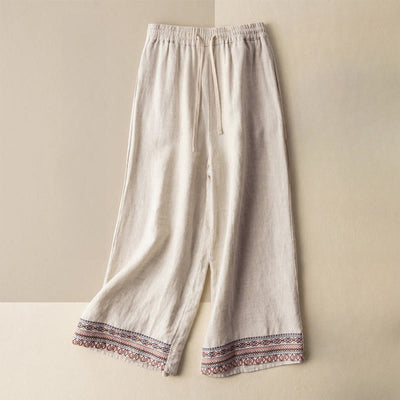 Buddha Stones Casual Embroidery Bohemian Pattern Drawstring Women's Wide Leg Pants With Pockets - Beige - US12，UK/AU16，EU44 (XL) - image 0