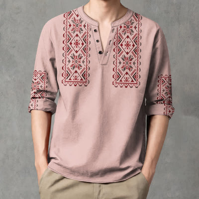 Buddha Stones Cotton Tribal Geometric Pattern V-Neck Buttons Men's Long Sleeve Shirts - image 1