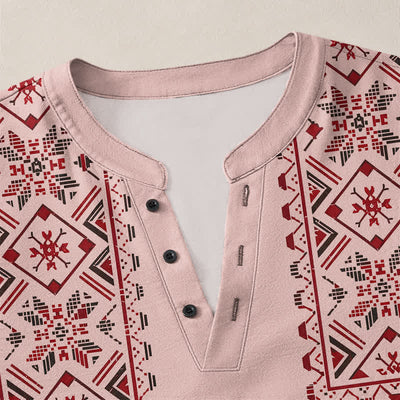 Buddha Stones Cotton Tribal Geometric Pattern V-Neck Buttons Men's Long Sleeve Shirts - image 4
