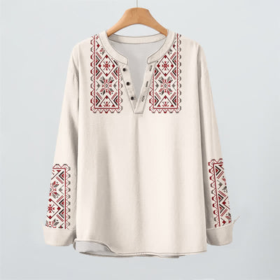 Buddha Stones Cotton Tribal Geometric Pattern V-Neck Buttons Men's Long Sleeve Shirts - image 9