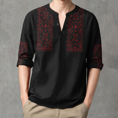 Buddha Stones Cotton Tribal Geometric Pattern V-Neck Buttons Men's Long Sleeve Shirts - image 15