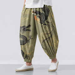Buddha Stones Pure Cotton Dragon Phoenix Cloud Pattern Drawstring Men's Harem Pants With Pockets - Olive - US/UK/AU50，EU60 (5XL) - image 0