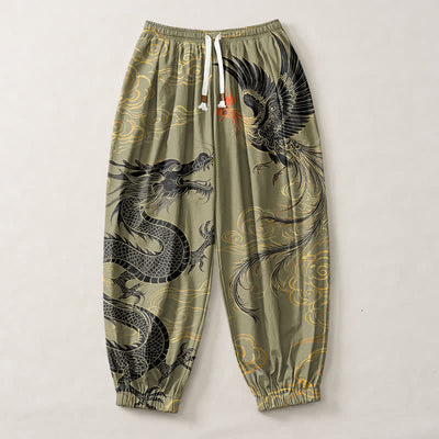 Buddha Stones Pure Cotton Dragon Phoenix Cloud Pattern Drawstring Men's Harem Pants With Pockets - image 1