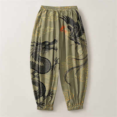 Buddha Stones Pure Cotton Dragon Phoenix Cloud Pattern Drawstring Men's Harem Pants With Pockets - image 2