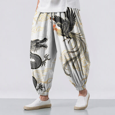 Buddha Stones Pure Cotton Dragon Phoenix Cloud Pattern Drawstring Men's Harem Pants With Pockets - WhiteSmoke - US/UK/AU50，EU60 (5XL) - image 12