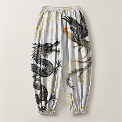 Buddha Stones Pure Cotton Dragon Phoenix Cloud Pattern Drawstring Men's Harem Pants With Pockets - image 14