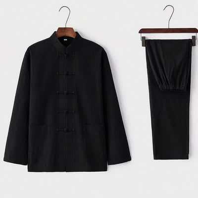 Buddha Stones 2Pcs Tang Suit Traditional Frog-Button Uniform Long Sleeve Shirt Pants Men's Set - Black - US/UK/AU44，EU54 (5XL) - image 3