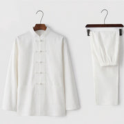 Foviel 2Pcs Tang Suit Traditional Frog-Button Uniform Long Sleeve Shirt Pants Men's Set