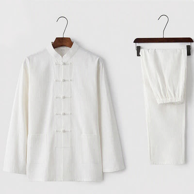 Buddha Stones 2Pcs Tang Suit Traditional Frog-Button Uniform Long Sleeve Shirt Pants Men's Set - White - US/UK/AU44，EU54 (5XL) - image 1