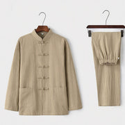 Foviel 2Pcs Tang Suit Traditional Frog-Button Uniform Long Sleeve Shirt Pants Men's Set
