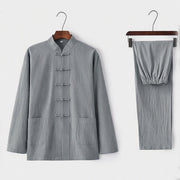 Foviel 2Pcs Tang Suit Traditional Frog-Button Uniform Long Sleeve Shirt Pants Men's Set