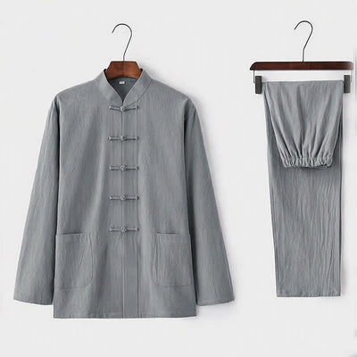 Buddha Stones 2Pcs Tang Suit Traditional Frog-Button Uniform Long Sleeve Shirt Pants Men's Set - Gainsboro - US/UK/AU44，EU54 (5XL) - image 2