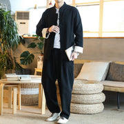 Foviel 2Pcs Zen Tang Suit Men's Frog-Button Long Sleeve Shirt Pants Set With Pockets