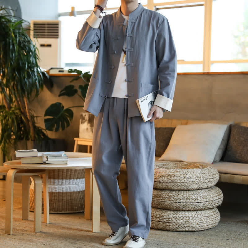 Buddha Stones 2Pcs Zen Tang Suit Men's Frog-Button Long Sleeve Shirt Pants Set With Pockets - image 1
