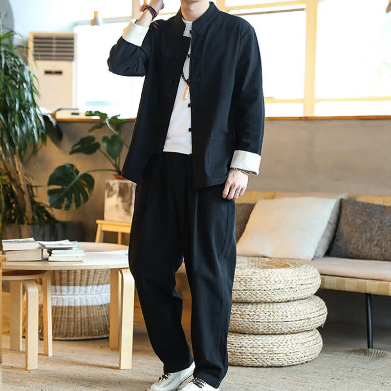 Buddha Stones 2Pcs Zen Tang Suit Men's Frog-Button Long Sleeve Shirt Pants Set With Pockets - image 17