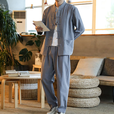 Buddha Stones 2Pcs Zen Tang Suit Men's Frog-Button Long Sleeve Shirt Pants Set With Pockets - image 5