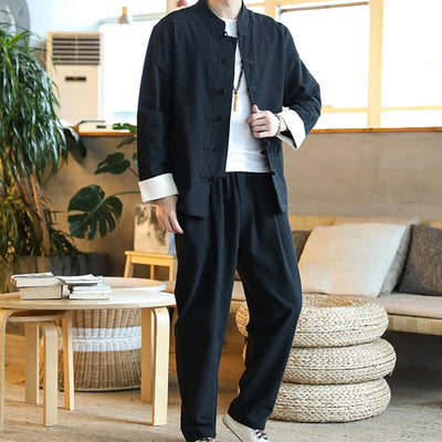 Buddha Stones 2Pcs Zen Tang Suit Men's Frog-Button Long Sleeve Shirt Pants Set With Pockets - image 16