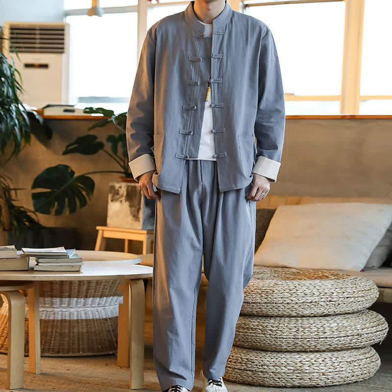 Buddha Stones 2Pcs Zen Tang Suit Men's Frog-Button Long Sleeve Shirt Pants Set With Pockets - image 7