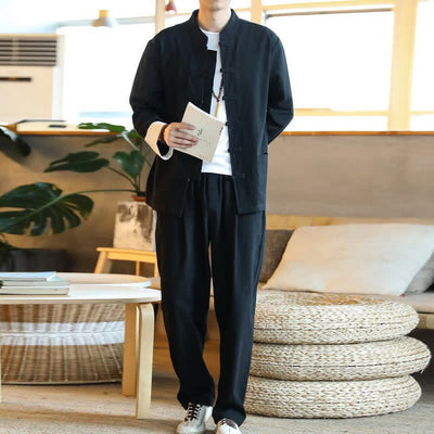 Buddha Stones 2Pcs Zen Tang Suit Men's Frog-Button Long Sleeve Shirt Pants Set With Pockets - image 19
