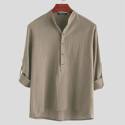 Buddha Stones Solid Color Half Buttons Long Sleeve Cotton Men's Shirts - Tan - US/UK/AU42，EU52 (3XL) - image 6