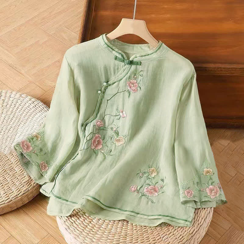 Buddha Stones Casual Vintage Embroidery Flower Pattern Chinese Frog-Button Crew Neck Design Women's Cotton Linen Shirt - LightGreen - US12，UK/AU16，EU44 (3XL) - image 5