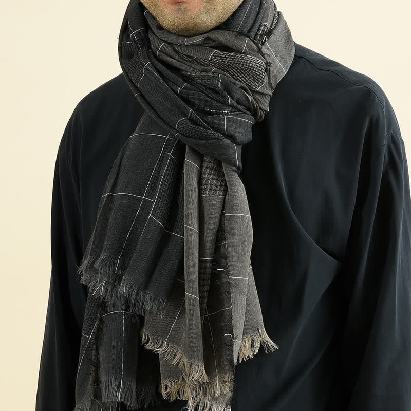 Buddha Stones Fall Winter Dark Grid Tassel Layering Unisex Scarves - image 0