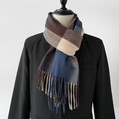 Buddha Stones Fall Winter Long Rectangular Plaid Fringed Scarves - SteelBlue - image 5