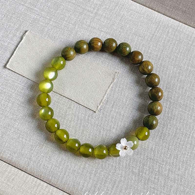 Buddha Stones Green Sandalwood Cat's Eye Flower Charm Serenity Bracelet - 8mm Cat's Eye Stone - image 13