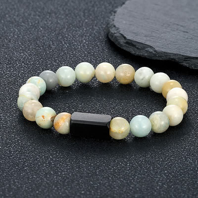 Buddha Stones Black Goldstone Stones Titanium Steel Bar Bracelet - Amazonite(Truth ♥ Communication) - 8mm - image 4