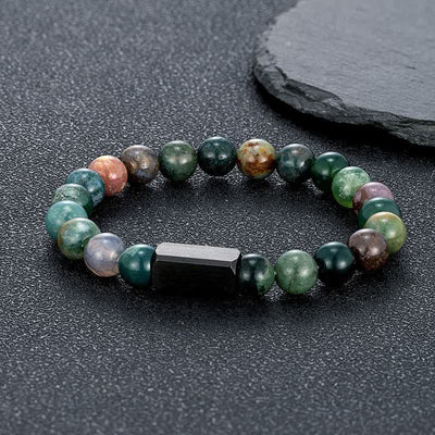 Buddha Stones Black Goldstone Stones Titanium Steel Bar Bracelet - Indian Agate(Protection ♥ Balance) - 8mm - image 2
