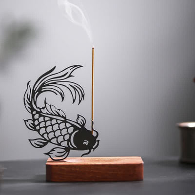 Buddha Stones Wooden Base Koi Fish Success Zen Incense Burner - Head Down Koi Fish Short Base - image 0