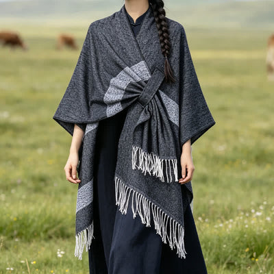 Buddha Stones Fall Winter Boho Striped Tassel Buckle Design Cozy Shawl - image 14