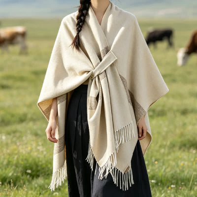 Buddha Stones Fall Winter Boho Striped Tassel Buckle Design Cozy Shawl - Beige - 130x150cm - image 34