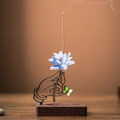 Buddha Stones Hand Lotus Butterfly Enlightenment Upright Incense Burner - Blue - image 8