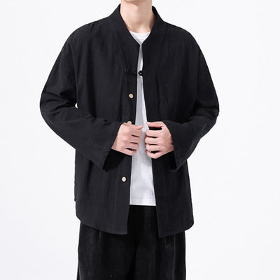 Buddha Stones Fall Minimalist Tang Style Mandarin Collar Solid Cotton Men's Long Sleeve Shirts - image 9
